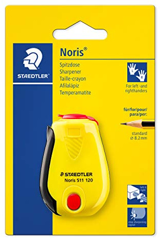 Staedtler Taille-crayon Noris, pour crayons jusqu'à 8,2 mm, convient pour gauchers et droitiers, fonction cliquet, indicateur d'arrêt, pointes dans les deux sens, taille-crayon sur carte blister 511