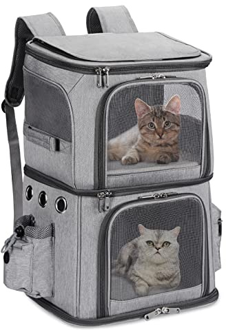 HOVONO Double-Compartment Pet Carrier Backpack for Small Cats and Dogs, Cat Travel Carrier for 2 Cats, Perfect for Traveling/Hiking/Camping, Grey