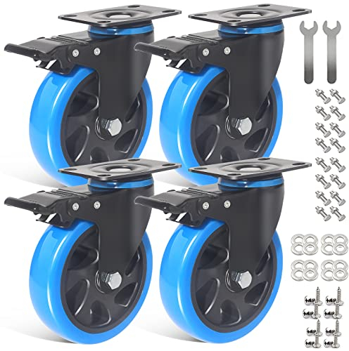 IQWTU Ruedas 125MM para Muebles con Freno, 4 Ruedas Pivotantes Hasta 800kg, Ruedas de Placa Industriales Giratorias 360°, PU Ruedas No Dejan Marcas