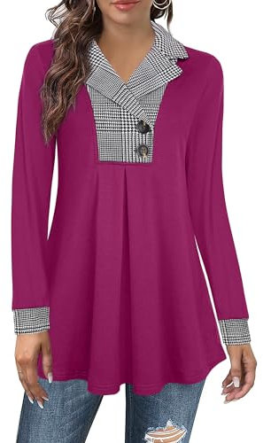 Datuhao Tunique à manches longues pour femme - Élégant - Pull long décontracté - Col à revers - Pull avec boutons, L