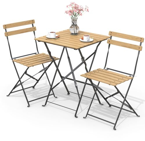 VOUNOT® Set da Giardino Pieghevole da 3 Pezzi, Set da Bistro Tavolo da Bistrot con 2 Sedie Balcone, Set di Mobili 3pz in Acciaio e Legna dal Design Moderno, Salvaspazio per Terrazza, Patio, Esterno