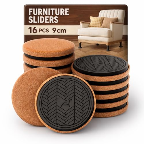 Deslizadores de fieltro para suelos de madera, 16 unidades de 9 cm, posavasos deslizantes para muebles para suelos duros, mueve muebles resistentes rápida y fácilmente