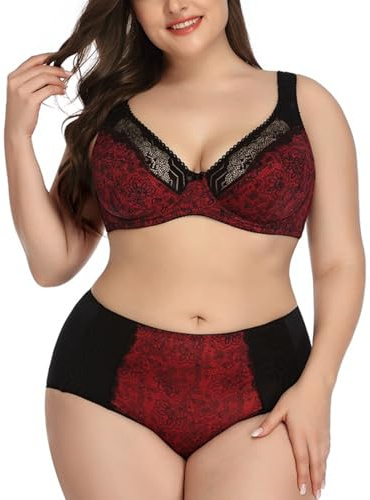 MOONBADI brassière Femme Ensemble Lingerie Rouge Soutien-Gorge et Culotte Transparente à Armatures en Maille Non doublée en Dentelle Florale Grande Taille Push Up Lingerie 110D