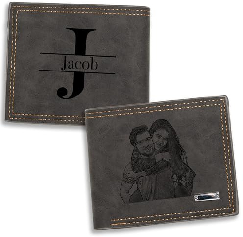 Easycosy Portefeuille Homme Personnalisé -Cadeau Papa Fete des Peres Porte Monnaie Personnalisable avec Photo et Nom Gravés Porte-Cartes en Cuir pour Mari Petit Ami Homme Papa Cadeau Anniversaire
