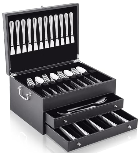 3 Layer Wooden Silverware Storage Box Chest with Lid, Black