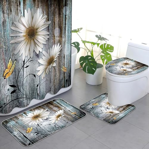 APROPHIC Juego de 4 cortinas de ducha con diseño de margaritas blancas y retro, juego de baño con cortina de ducha y alfombra, alfombrilla para tapa de inodoro y almohadilla en forma de U, lavable con