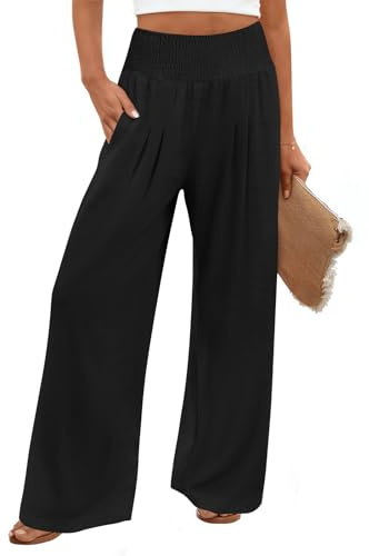 Findsweet 2026 Women Palazzo Pants Wide Leg High Waist Casual Flowy Pant Lounge Beach Vacation Outfits Black Medium
