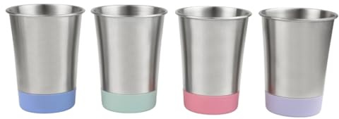Elk and Friends Stainless Steel Kids + Toddler Drinking Cups | 12oz Tumblers with Colored Base | Durable + Stackable | Travel, Camping + Outdoors | Dishwasher Safe | 4 Pack