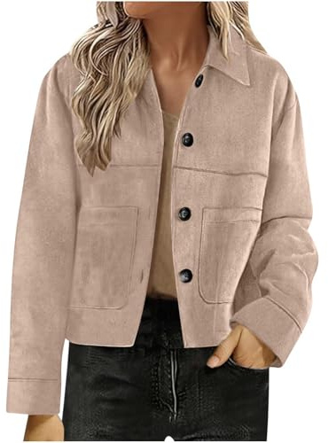 Women's Faux Suede Jacket Long Sleeve Lightweight Cropped Blazers Button Down Loose Fit Jackets Ladies Elegant Outwear Lapel Pullover Tops Bomber Jacket Solid Color Streetwear