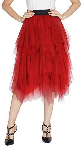 Urban GoCo Femme Vintage Jupon Mi-Longue Jupe en Tulle Taille Elastique Multi Couché Petticoat Tutu (XL, Rouge)
