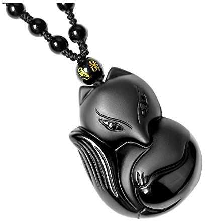 CrystalTears Natural Genuine Obsidian Lucky Fox Amulet Pendant Necklace Adjustable Woven Rope Beads Hanging Ornament Protection Crystal Jewellry Gift for Men Women