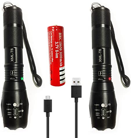 LED ¡Linterna Recargable Alta Potencia, (XML T6, 1200 lm, 5 Modos, Zoom, Resistente al Agua), Linterna para Camping y Bicicleta, Con 18650 Batería