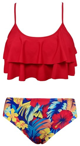 SHEKINI Maillots de Bain Deux Pièces Filles Imprimé Volants Réglable Halter Bikini Top Tankini Set Filles 2 Pièces Triangle Bas de Bikini de Plage pour 6-14 Ans(10-12 Years, Rouge/Fille)