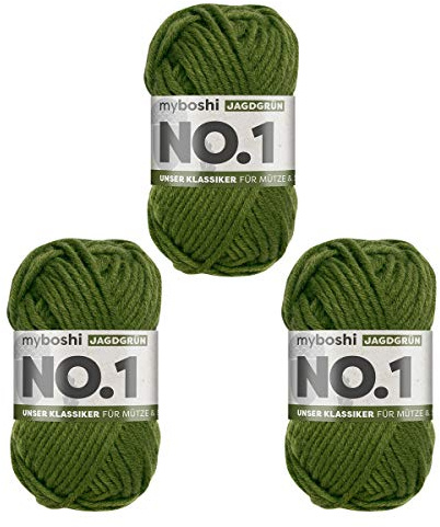 3er Set myboshi No. 1 Wolle Jagdgrün (129) zum Häkeln, Stricken und für die Handarbeit – Pflegeleicht und waschbar + 1 Label