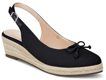 Coutgo Womens Closed Toe Espadrilles Wedges Shoes Platform Slingback Mid Low Heel Canvas Bow Dress Sandals, Black, Size 6.5