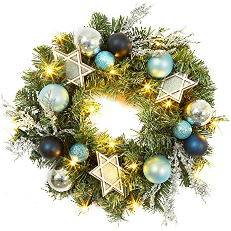 LinTimes 18 In Pre-lit Christmas Wreath for Front Door, 45cm Blue Xmas Wreaths with 15 LED Lights, Christmas Baubles Six-Pointed Star Decorative Garland for Fireplace Wall Door Xmas Outside Decor