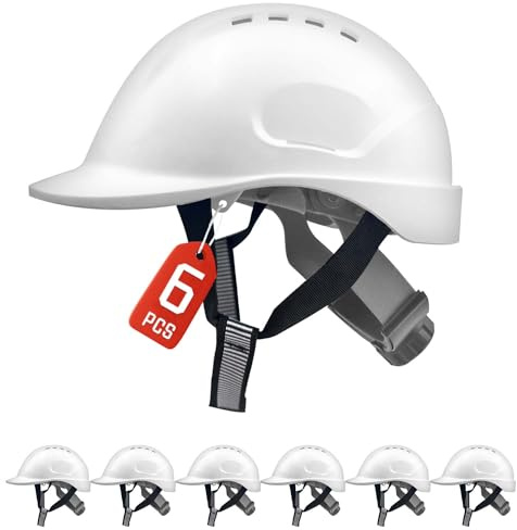 Mustbau 6 Pack Casco da Lavoro EN397, Elmetto Antinfortunistica da Costruzione con Cinturino a 6 Punti, 52 a 66cm Fascia Regolabile, Casco Altamente Traspirante per Uomini, Donne - Bianco