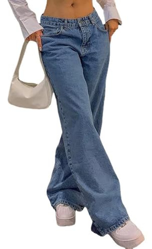 DSXH Jeans Vintage Lâche Bleu Lavé Maman Jeans Taille Basse Femmes Lâche (Bleu, XL)