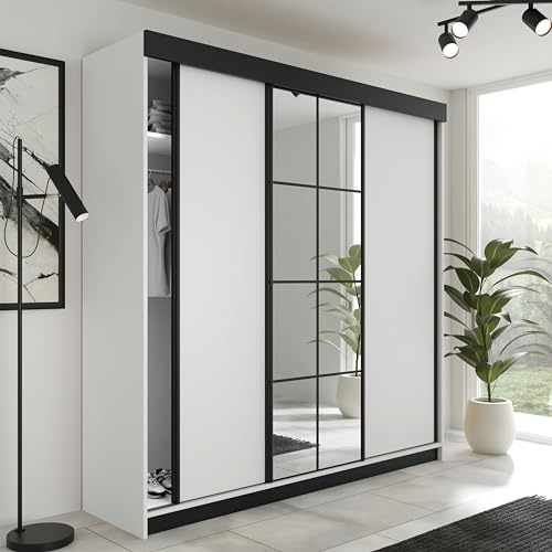 KIER FURNITURE Schiebegarderobe LAMARO mit Spiegel - Schrank Schlafzimmer - Schlafzimmerschrank - Wardrobe Bedroom - Kleiderschränke - Kleiderschrank Weiß - 200x205x59 cm