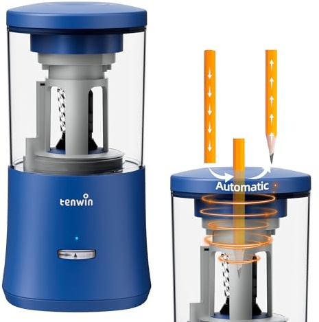 tenwin Electric Pencil Sharpener, Fully Automatic Pencil Sharpener for 6-8mm Colored Pencils, Hands-Free Rechargeable Sharpener, Fast Sharpening, No Uneven Tips, Also for Short Pencils (Blue)