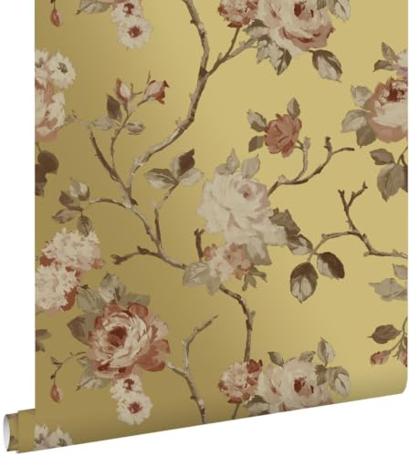 ESTAhome tapet vintage blommor guld och terrakottarosa 53 cm x 10.05 m