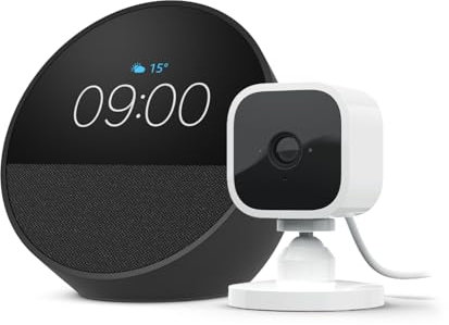 Echo Spot | Black + Blink Mini Indoor smart security camera with night vision (White) | Smart Home Starter Kit