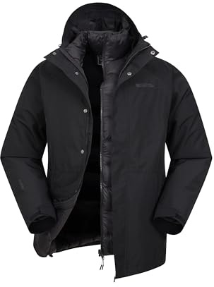 Mountain Warehouse Alaskan Veste imperméable 3 en 1 pour homme – Manteau respirant avec coutures thermocollées et isolation en microfibre – Automne et hiver, temps humide, marche et plein air, Noir ,