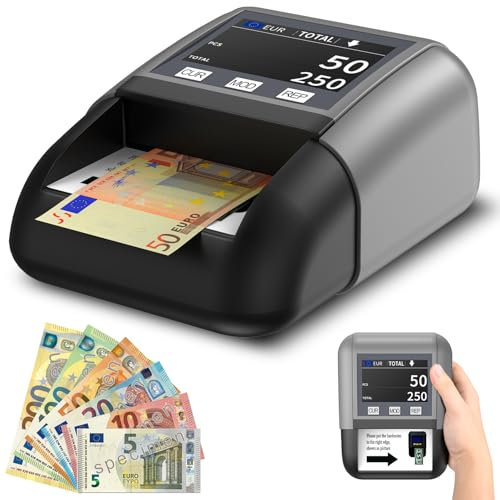 Onherm Geldscheinprüfer UV/MG/IR, Geldzählmaschine für Scheine mit Batterie, Banknotenprüfer mit 7 Fälschungsprüfungen für Falsche EUR, USD, GBP, GOD, RUB, AED, Einzelnoteinzug