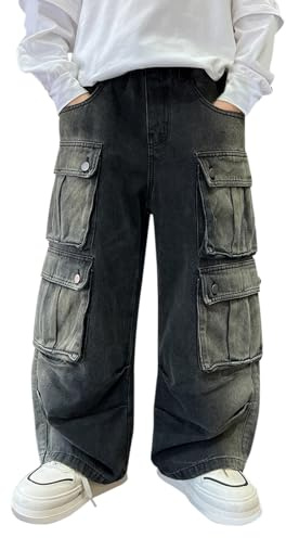 Jean cargo baggy pour garçon avec poches, jambe large, taille élastique, pantalon d'école, patchwork décontracté, droit, hip-hop, danse de rue, Noir #1., 10-11 ans