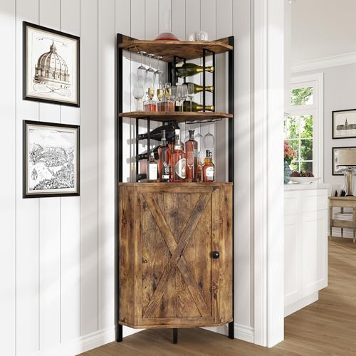 Vividwood 63” Corner Bar Cabinet with Wine Rack, 5-Tier Farmhouse Liquor Cabinet with Glass Holder, Adjustable Shelves & Barn Door, Rustic Brown Home Bar Storage for Living Room & Kitchen