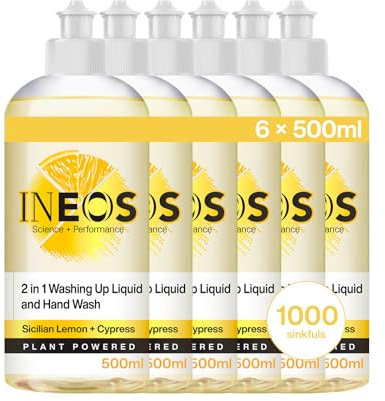 INEOS 2in1 Washing Up Liquid, 3L (500ml x 6), 1000 Sinkfuls, Dishwashing + Handwashing, Plant Powered, Sicilian Lemon + Cypress, Packaging May Vary