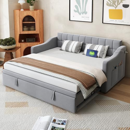 Dolamaní Cama nido 2 en 1, sofá cama nido, sofá cama, sofá cama de invitados, cama tapizada de 90/180 x 190 cm, tela de terciopelo, cama extensible de la misma altura (gris claro)