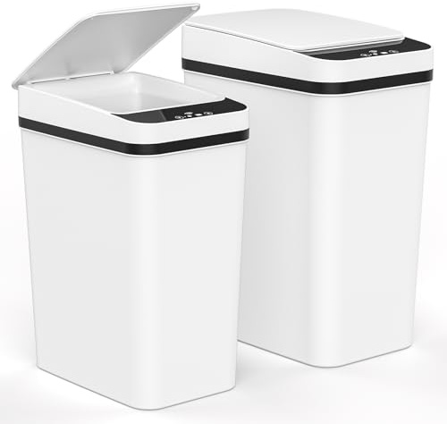 Dreamhigh Juego de 2 cubos de basura con sensor, 15 L y 12 L eléctricos con tapa automática, cubos de basura inteligentes con 3 modos de apertura, silencioso y resistente al agua, para cocina, baño