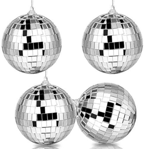 4Pcs 8cm Disco Ball Decorations,Silver Glitter Balls Hanging Disco Light Mirror Balls Sparkly,Christmas Tree Bauble Hanging Ball for 70s 80s DJs Retro Party Wedding Birthday Stage Prop Lighting Effect