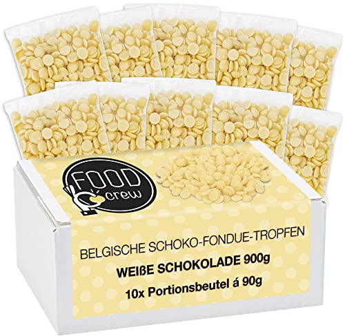 FOOD crew 900g weiße belgische Schokolade für Fondue – weiße Fondue Schokolade - Schokolade für Schokobrunnen – Schoko Kuvertüre Drops - 10 Portionsbeutel einzeln verpackt - Silvester Schokolade