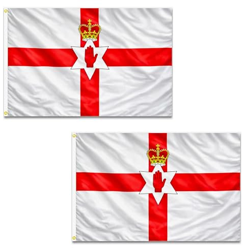 2 Pcs Northern Ireland Hand of Ulster Flag 5ft x 3ft with Brass Eyelets Polyester Irish Regional Banner for Football Matches, Parades & Events, Home & Garden Display