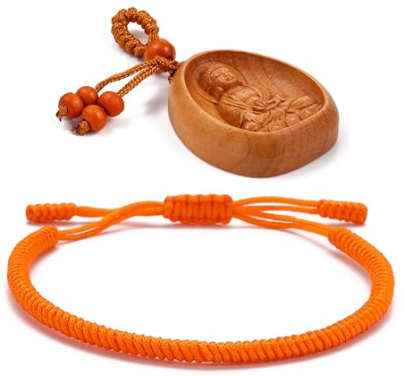 LUCKY BUDDHIST Tibetan Buddhist Bracelet for Men & Women – Adjustable Braided Cord Bracelet with Wooden Buddha Keyring