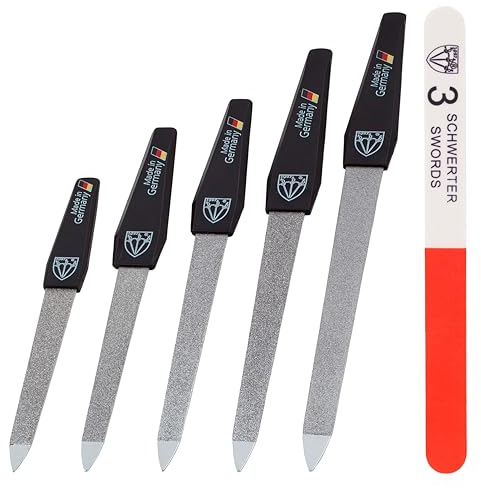 DREI SCHWERTER - Saphir Nagelfeilen Set 5+1 | Hochwertiges Nagelset für Maniküre und Pediküre, Made in Germany | Inhalt: 5x Saphir-Nagelfeile in verschiedenen Größen und 1x Drei-Weg-Nagelpolierer