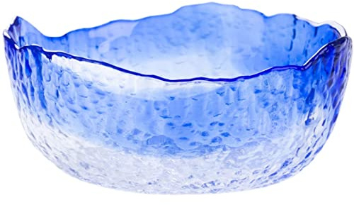 Halyuhn 20 cm blå salladsskål i klart glas, 50 oz oregelbunden blandningsskål med 7 cm vägg, dekorativ hamrad rund serveringsskål med vågig kant för frukt, godisfat, matfest, L
