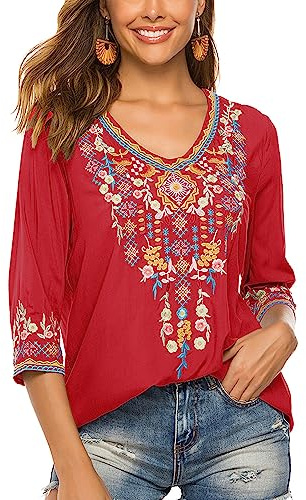 Seasonal Women's Boho Embroidered Tops Mexican Peasant Style Bohemian 3/4 Sleeve Shirt Hippie Clothes Summer Tunic Blouses (Red, L)