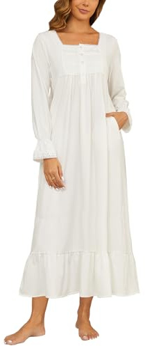 Rubehoow Womens Victorian Nightgown All Cotton Button Front Ladies Pajamas Vintage Full White Nightdresses White X-Large