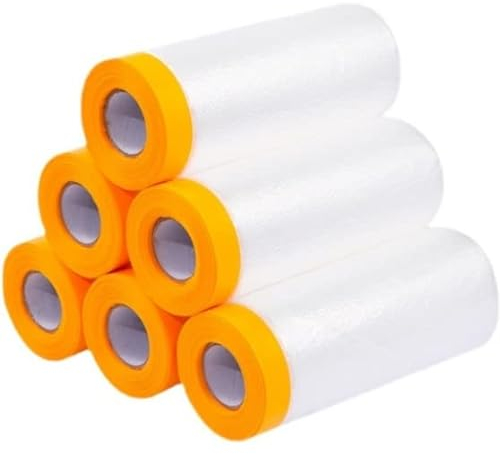 AFASOES 6 Rollen Abdeckfolie Klebeband mit Folie 110cm*20M Transparent Abdeckfolie mit Gewebeklebeband Selbstklebende Malerfolie Malerband UV Beständig Goldband Masker Tape Malerkrepp zum Staubschutz
