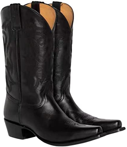 Botas de Mujer Vaquero Bordadas Occidentales Con Punta Puntiaguda, Retro, Tacones Cuadrados, Tubo Medio Sin Cordones, Talla Grande 45, Negro, 43