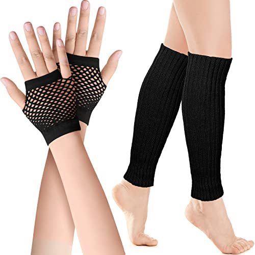 SATINIOR Elastische Neon Beinstulpen und Netzhandschuhe Set 80er Jahre Kostüm Zubehör (Schwarz)