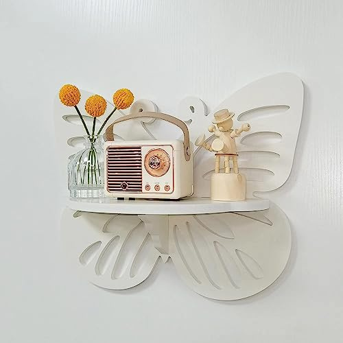 Butterfly Shaped Nursery Wall Deor Floating Shelf, Cute Wall Display Rack for Kid’s Room, Small Decorative Shelf Wall Mounted, White Hanging Wall Shelf for Toys, Plants and Decorations Storage, White
