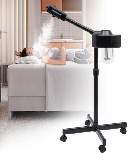 JINPRDAMZ Vaporizador de ozono, vaporizador facial para salón y hogar con ruedas, sauna facial, vaporizador, niebla cálida, cuidado facial profundo, boquilla giratoria 360°, 750 W, color negro