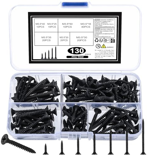130 Pièces Vis à Bois Autotaraudeuses, Vis Autoforeuse à Tête Plate Croisée Noire, Vis à Métaux pour Cloisons Sèches Meubles - M3,5 * (16/20/25/30/35/40/50) mm