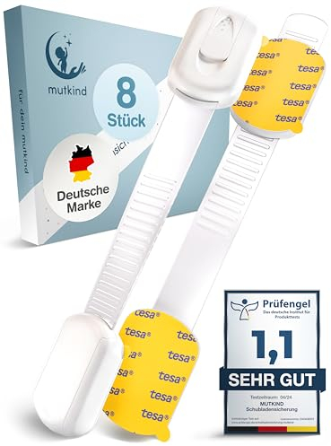MUTKIND 8x Kindersicherung Schrank - (Mit Kleber von TESA) Schranksicherung Baby - Längenverstellbar - Schubladensicherung Baby für Schränke, Kühlschrank, Tür - Kindersicherung Schubladen - Weiß