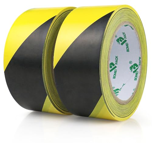 BOMEI PACK 2 Rollen 50mmx33m Selbstklebend Warnband Sicherheitsmarkierung Absperrband,Boden Markierungsband Gelb und Schwarz zur Markierung gefährlicher Bereiche