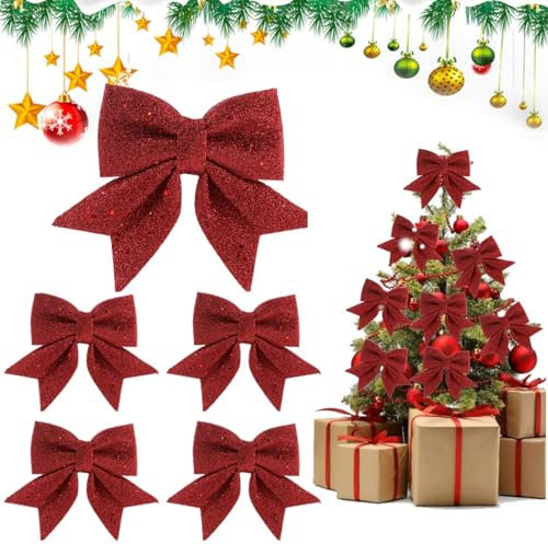 5 Piezas Rojo Lazos Grandes para Árbol de Navidad,Lazos de Navidad,Adornos Arbol Navidad,Lazo Purpurina,Arco de Navidad,Adornos de Lazo de Navidad,Moños Navideños,Lazos Navidad Grandes con Purpurina